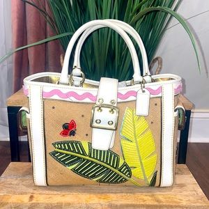 COACH Ladybug & Leaf Limited Edition Burlap and Leather Hampton Bag - AUTHENTIC.